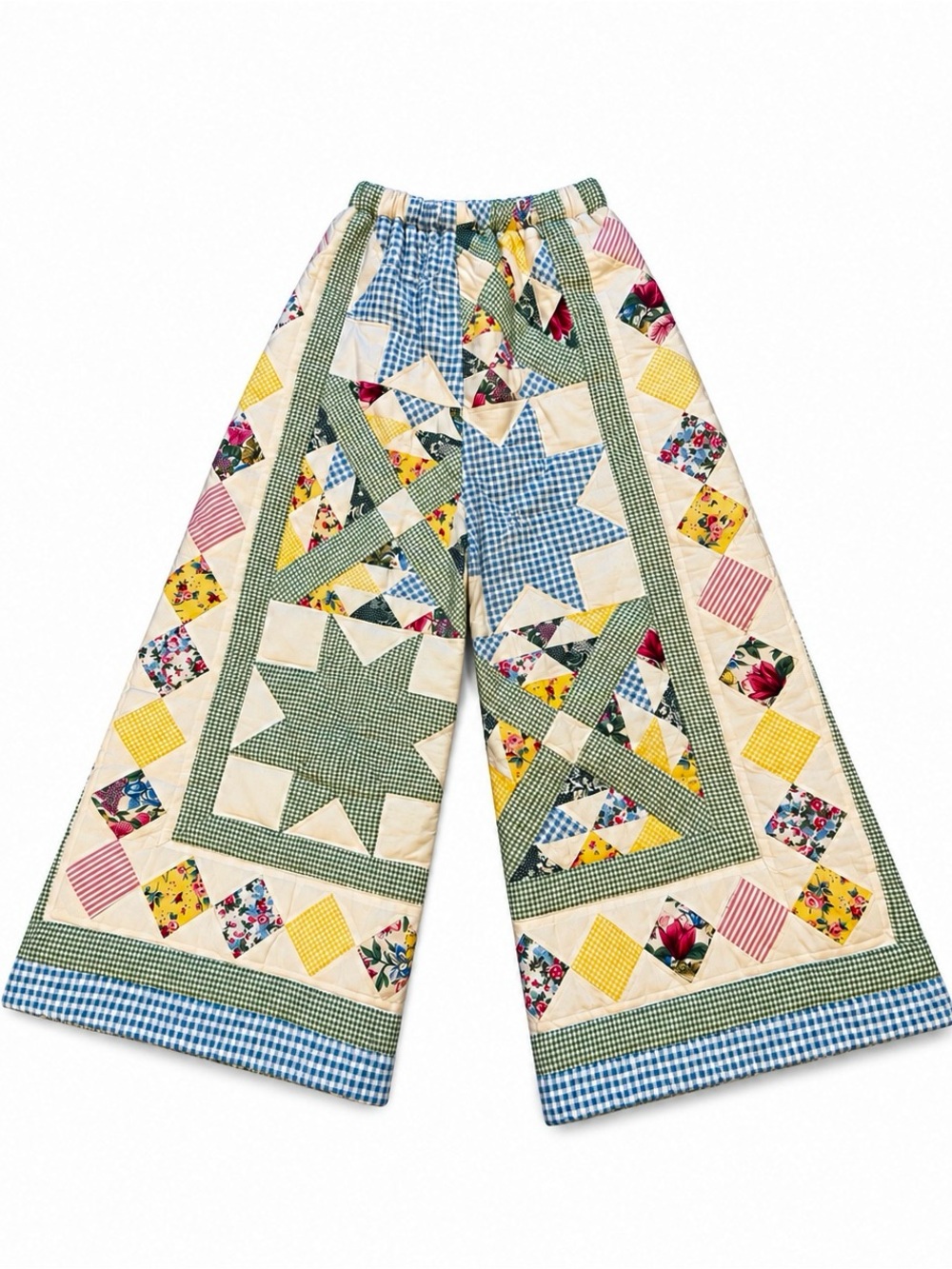 Jo & June Patchwork Quilt Palazzo Wide-Leg Cropped Pants in Pastel Multicolor